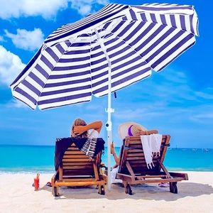 Cabana Tilt - Skin Smart Beach Umbrella royal blue & white striped 6-foot canopy
